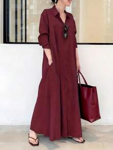 Plus Size Women's Solid Color Long Sleeve Simple Long Casual Dress - Red - View 3