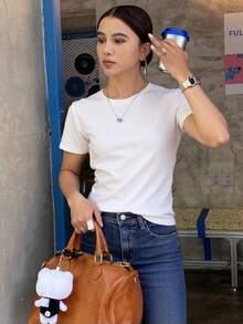 Livesso Solid Round Neck Tee Summer,Business Casual Women - White - View 4