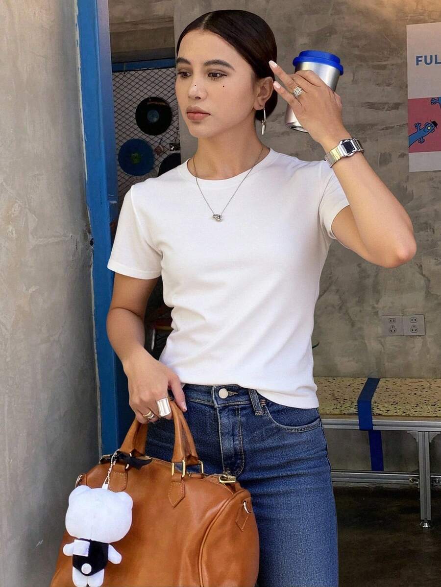 Livesso Solid Round Neck Tee Summer,Business Casual Women - White - View 1