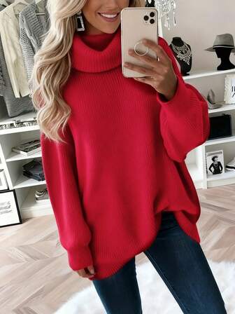 2025 New Women's Fall/Winter Casual Fashion With A Simple Solid Color Knit Pile Turtleneck Sweater