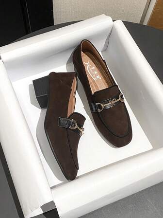 Mengshangli Färgblock Patchwork Preppy Style Vintage Grov Klack Fyrkantig Tå Höga Klackar, Kontorsfestkläder, Hela Säsong