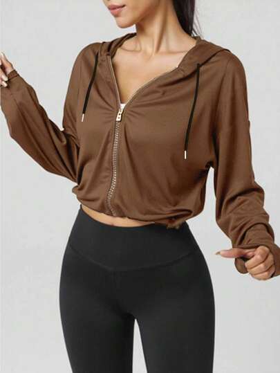 女士秋冬运动夹克，黑色弹力短款连帽风衣，适合户外运动、健身房锻炼、跑步、运动休闲