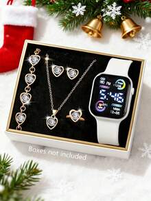 6件套女士时尚优雅LED数字显示电子手表，适合女性佩戴，配有手链、项链、戒指、耳环套装，适合作为生日/节日礼物送给女性，也非常适合日常生活，例如返校、旅行、派对装饰等。是毕业季、圣诞节、情人节送给女士的完美礼物。 - 彩色 - 查看 11