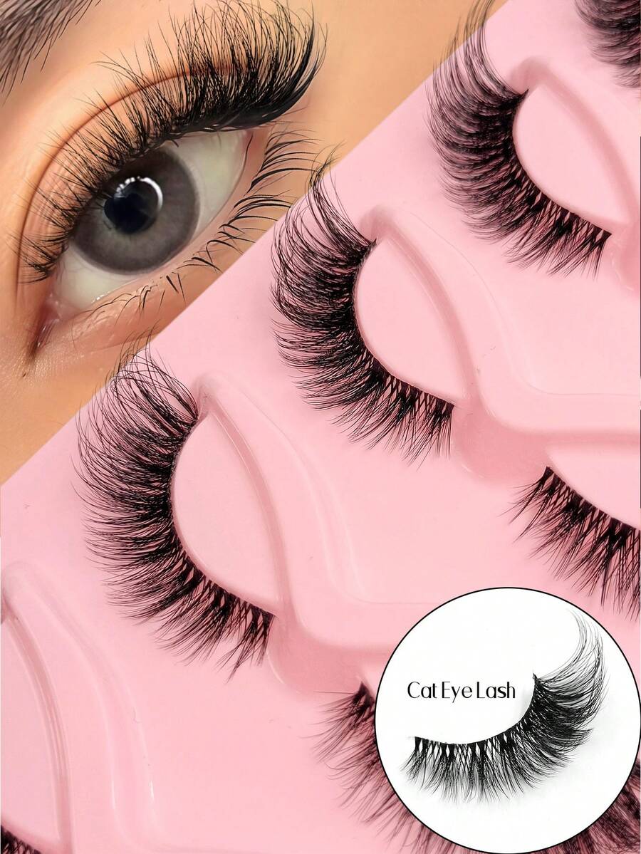 5对浓密猫眼仿貂毛假睫毛——自然妆效，柔软睫毛梗，蓬松浓密——完美打造魅惑狐狸眼妆容和日常迷人妆容 - 眼尾拉長款 - 查看 1
