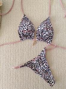 2026 New Leopard Print Pearl Bikini Swimsuit, European Style Tie-Up Tankini Set For Women, Leopard Full Body Print Twist Back Tie Swimwear, Vacation Beach - Leopard - View 1