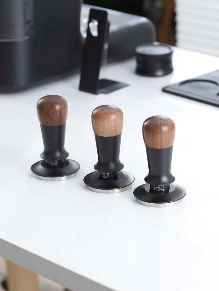 1个带刻度的螺纹底咖啡压粉器，胡桃木材质，柔性头设计，51/53/58毫米，适用于意式咖啡机，咖啡工具，咖啡师配件