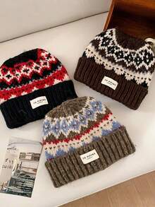 1pc Colorful Fair Isle Beanie Hat, Warm Thermal Lined Ear Protection, Breathable Knit Casual Cap, Suitable For Autumn/Winter, Great Gift For Men