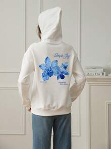 女士冬季新款趣味印花休闲套头衫 时尚宽松长袖加厚连帽卫衣 白色 - 白色 - 查看 2