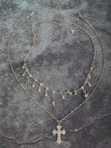 2件套水钻星星十字架流苏项链，闪亮锆石高端独特哥特式颈链，Y2K风格