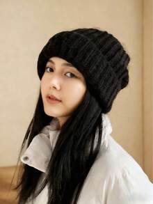 1pc Women's Knitted Beanie Hat, Thick Warm Casual Slouchy Hats, Versatile Solid Color Beanies For Autumn/Winter