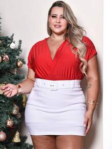 Conjunto Plus Size festa Shorts Saia com cinto e body decote V manga franzida look balada , festa, natal, réveillon. - Branco - Visão 4