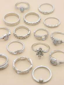 15pcs Sun & Water Drop Decor Ring - Silver - View 2