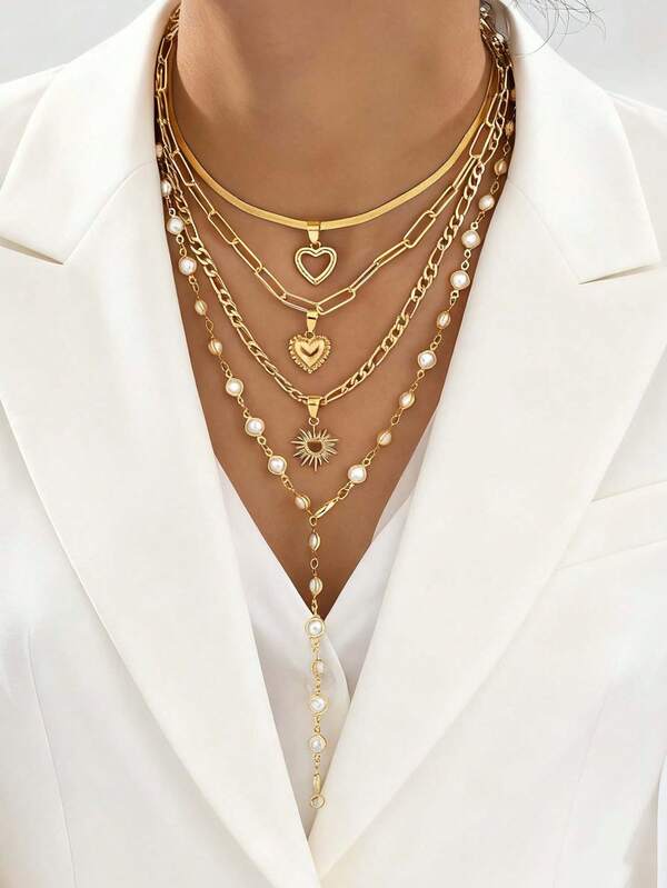 4pcs/Set Exaggerated Heart & Sun Faux Pearl Y-Necklace Sweater Chain, Suitable For Women's Daily Wear, Shopping And Party