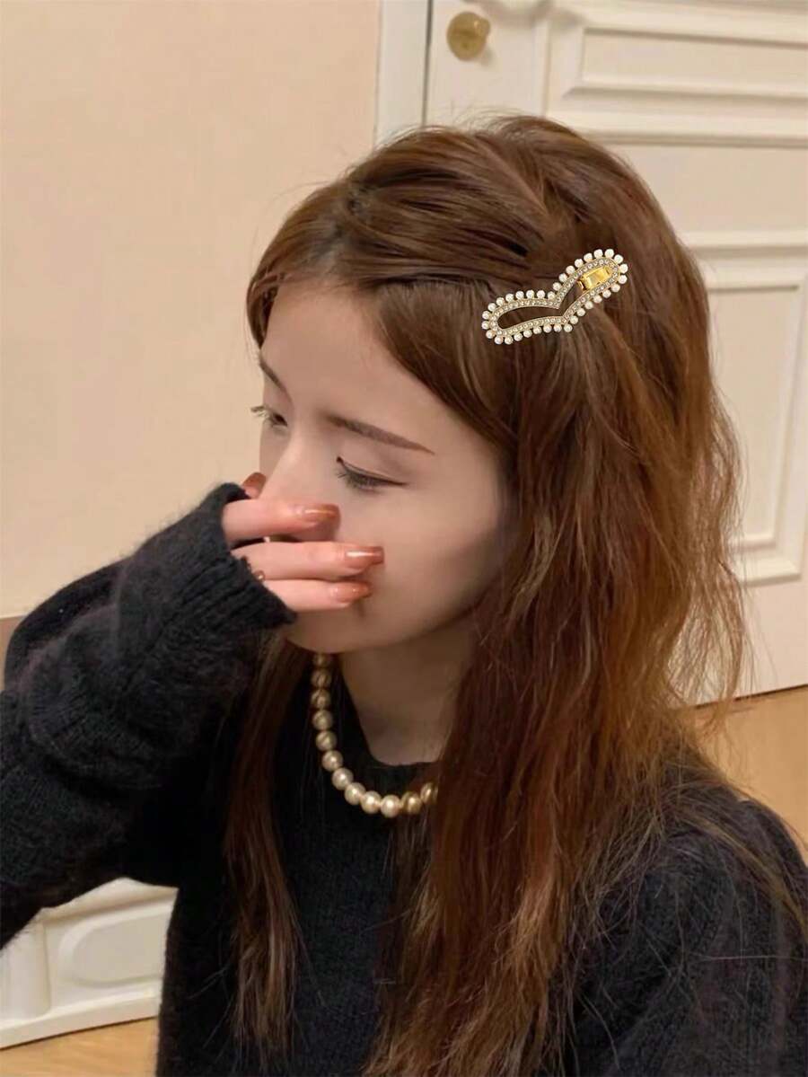 1pc Minimalist Versatile Elegant Pearl & Rhinestone Heart Shaped Hair Clip, Suitable For Bangs & Daily Use - Gold - View 1