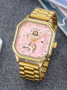 Pink Dial Gold Steel Band Square Quartz Watch, Multifunctional Fashion Wristwatch For Men And Women - one-size - View 1