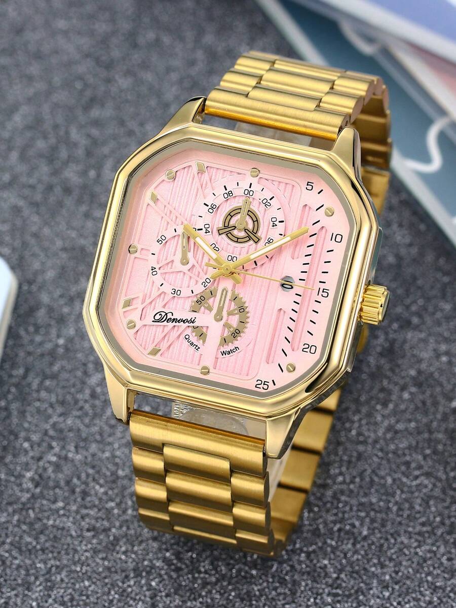 Pink Dial Gold Steel Band Square Quartz Watch, Multifunctional Fashion Wristwatch For Men And Women - one-size - View 1