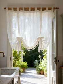 1Pc,Japanese-Style Vintage Striped Sheer Adjustable Lift Curtains With Crochet Lace Trim,Beige Linen-Look Semi-Transparent Tassel Pendants Short Curtains For Kitchen Home Room Dining Room - Beige - View 3