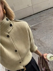 MUMRAP 女士休闲纯色立领针织开衫，复古宽松长袖 - 橄欖綠 - 查看 8