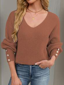 Women's All-Match Loose V-Neck Button Knit Sweater, Casual Versatile Lightweight Ribbed Pullover - Camel - View 4