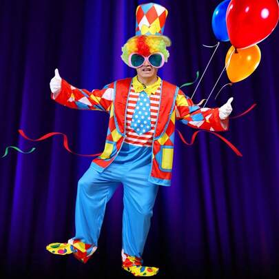 Adult Funny Clown Costume, Men's Clown Outfit (Includes Hat, Jumpsuit And Jacket, Suitable For Carnival Party)