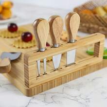 1Set Bamboo Cheese Board Set With Cutting Board And Cheese Knives, Square, Natural Wood Grain, For Thanksgiving Family Day, Spring Festival - Multicolor - View 5