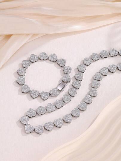 2件套复古心形水钻项链手链套装，朋克风男女皆宜首饰