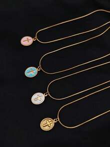 1pc 18K Gold Plated Stainless Steel Oil Drop Round Cross Pendant Necklace, Vintage French Minimalist Elegant Jewelry, Sweater/Choker Chain - Multicolor - View 2