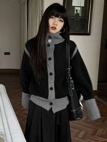 Retro Casual Design Niche Contrast Color Knit Cardigan, Women, Autumn/Winter Black - Black - View 7