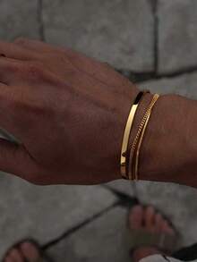 3pcs Stainless Steel Silver C-Shape Chain Adjustable Bracelet Set, Simple & Fashionable Accessories Suitable For Men, Great Gift For Father's Day, Valentine's Day, Dates, Boyfriend's Birthday, Christmas, New Year Holiday - 3-piece Set - View 1