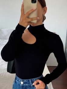 Livesso Cut Out Asymmetrical Neck Tee Going Out Tops,Fall Clothes Long Sleeve Women Tops Turtleneck Women - Black - View 3