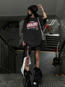 Round Neck Short Sleeve T-Shirt, Summer New Digital Pattern And Letter Print, Fashionable Casual Loose Women's Top - Dark Gray - View 7