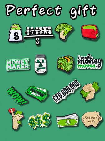 16 st. Dollar-serien DIY-berlocker för skonyckelringar, sandaler, strandväskor, PVC-skoberlocker för träskor, premiumkvalitet, populära dekorationer, tillbehör, fantastiska presenter till jul, födelsedag, fest, sommar, skola