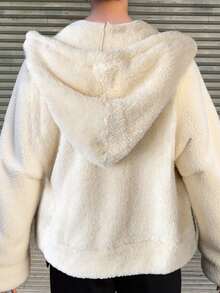 Livesso 女士米色纯色连帽抽绳落肩长袖羊羔绒宽松休闲百搭抓绒卫衣，秋季外套，冬季 - 米色 - 查看 2