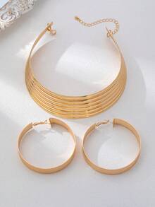 Set de 3 piezas de collar gargantilla y aretes geométricos de metal con diseño exagerado en color dorado - Conjunto de pendientes y gargantilla - Ver 5