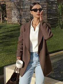 Livesso Women's Solid Color Turndown Collar Long Sleeve Casual Business Blazer,Fall Clothes - Coffee Brown - View 2