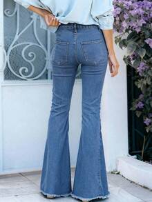 （棉混纺）女式复古膝盖破洞弹力喇叭牛仔裤 - 中等水洗藍 - 查看 2