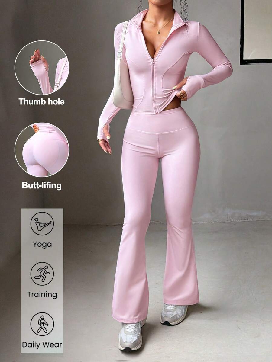 Aoqta Sports Women 2 Pieces Outdoor Fitness Running Solid Color Long Sleeve Zip-Up Top And High Waist Slim Fit Yoga Pants Set, Pink, Autumn