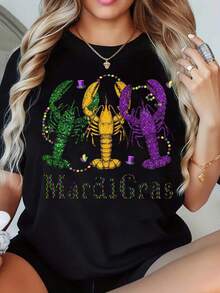 Mardi Gras Lobster T-Shirt With Sequins And Beads For Women Festival Party Costume Black Top - 黑色 - 查看 1