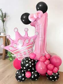 28个/套黑色和粉色32英寸数字气球套装，包含0-9数字、粉色皇冠铝箔气球、玫红色和黑色波点乳胶气球，适用于生日派对、粉色主题派对、周年纪念、粉色米老鼠主题派对、婚礼、公主生日派对装饰。 - 彩色 - 查看 6