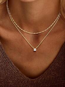 Tsnamer 女士多层金项链 时尚14K镀金心形CZ吊坠 多层金项链套装 硬币项链 简约圆形立方氧化锆珍珠项链 多层人字纹夹链首饰套装 - 2件套裝 - 查看 6