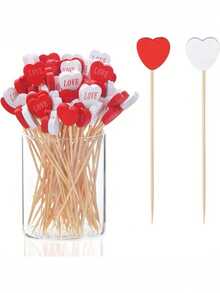 100pcs/50pcs Valentine's Day Heart Theme Skewers - Red & White Heart "Love" Pendant, Heart Shaped Bamboo Toothpicks, Bamboo Skewers, Ideal For Cakes, Desserts, Salads, Sandwiches - Birthday, Wedding, Valentine's Day Events, Parties, Restaurants And Home, Holiday Tableware, Decorative Skewers, Bamboo Picks - Multicolor - View 9