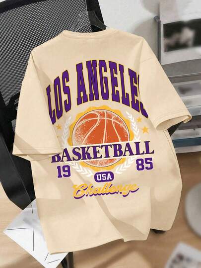 Boys' Vintage Basketball Graphic Print Short Sleeve T-Shirt, Loose Fit Sporty Top, Suitable For Casual Everyday Wear In Spring/Summer