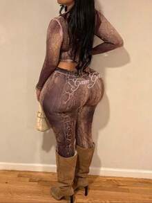 新款修身开衫上衣和高腰紧身印花裤套装，女士 - 彩色 - 查看 6