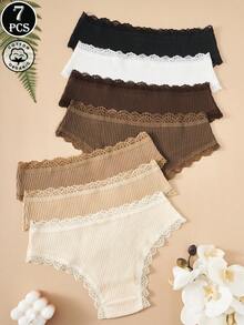 7条装女士花卉撞色蕾丝边纯棉内裤 - 彩色 - 查看 2