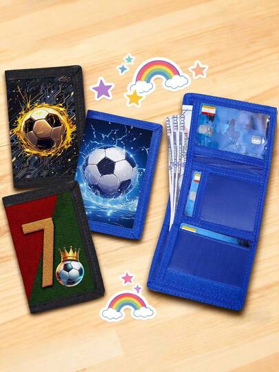 Multifunctional Tri-Fold Wallet, Fabric Wallet, Can Hold Credit Cards, ID And Cash, Cute & Fashionable, With Coin Pouch And ID Window, Football Print, Suitable For Men, Girl And Kids