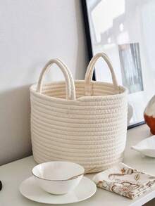 1 chiếc giỏ đựng đồ bằng vải lanh màu trơn, giỏ đựng quần áo bẩn, giỏ đan bằng dây cotton, thích hợp để đựng quần áo bẩn, đồ chơi trẻ em và chăn, phù hợp cho phòng tắm, phòng trẻ em và phòng khách, phong cách mộc mạc, có các kích cỡ S/M/L. - trắng - Xem 5