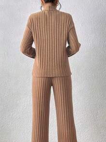 Autumn And Winter Leisure Suit: Fleece Stripe High Collar Solid Color Long-Sleeved Top + Comfortable Straight Loose Trousers Two-Piece Set - 咖啡棕 - 查看 5