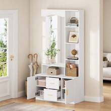 90*40*180cm Multifunctional Hallway Unit With Storage, Wardrobes With Shoe Rack And Mirror, Wardrobe With 2 Drawers And 2 Cabinets, Chest Of Drawers With Shelf, White - 1 - 查看 8