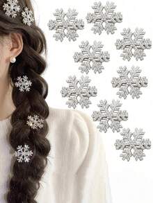 1pc New Fashionable Christmas Snowflake Faux Pearl Side Clip Hair Accessory, Claw Clips, Hair Slide, Hair Barrettes - Silver - View 1