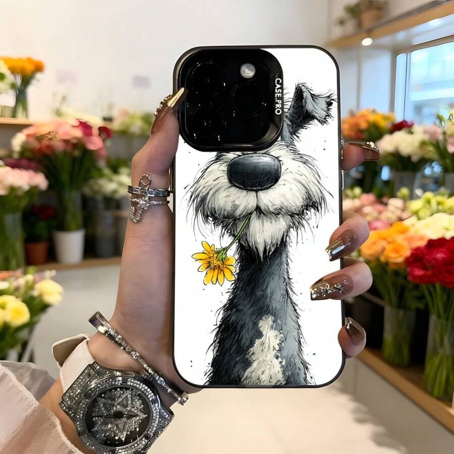 Cubierta de teléfono con diseño de perro blanco y negro con flor amarilla funda protectora elegante y divertida para uso diario en floristerías y salidas urbanas Aplicable a los teléfonos de la serie Apple y Galaxy - Negro - Ver 1